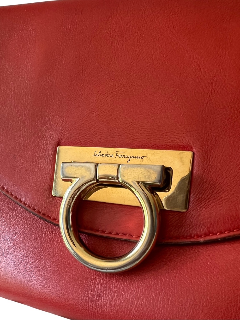 Salvatore Ferragamo Red Leather Shoulder Bag with Gold Ring Hardware - Picture 9 of 9